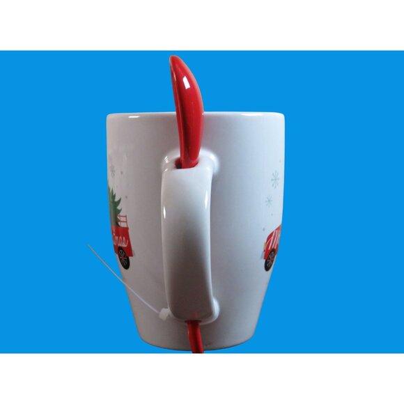 Christmas Mug W/ Red Truck & Tree Design Includes Red Spoon - Picture 2 of 5